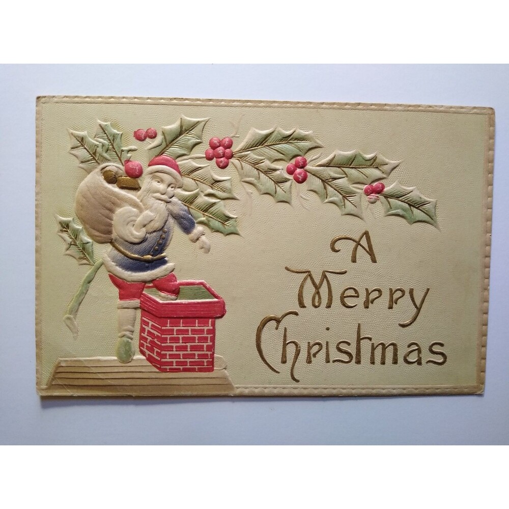 Vintage Deep Embossed Santa Claus Chimney Christmas Postcard Holly Holiday